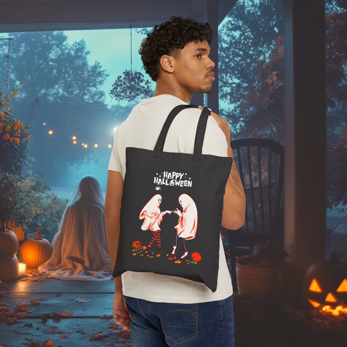 Happy Halloween Ghost Tote Bag – Cute Spooky Trick-or-Treat Bag, Dancing Ghosts Canvas Tote, Aesthetic Fall Reusable Shopping Bag