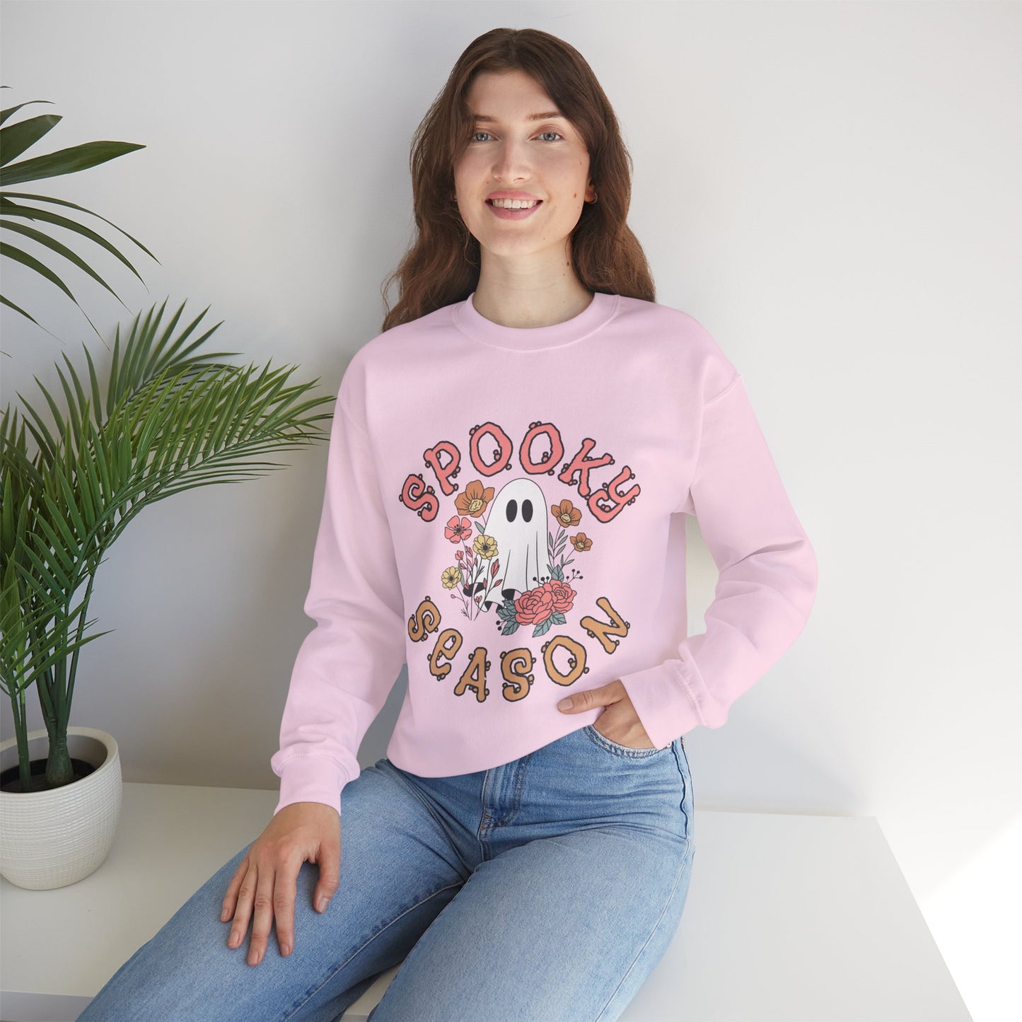 Spooky Season Ghost Sweatshirt – Cute Floral Halloween Crewneck, Pastel Aesthetic Fall Pullover
