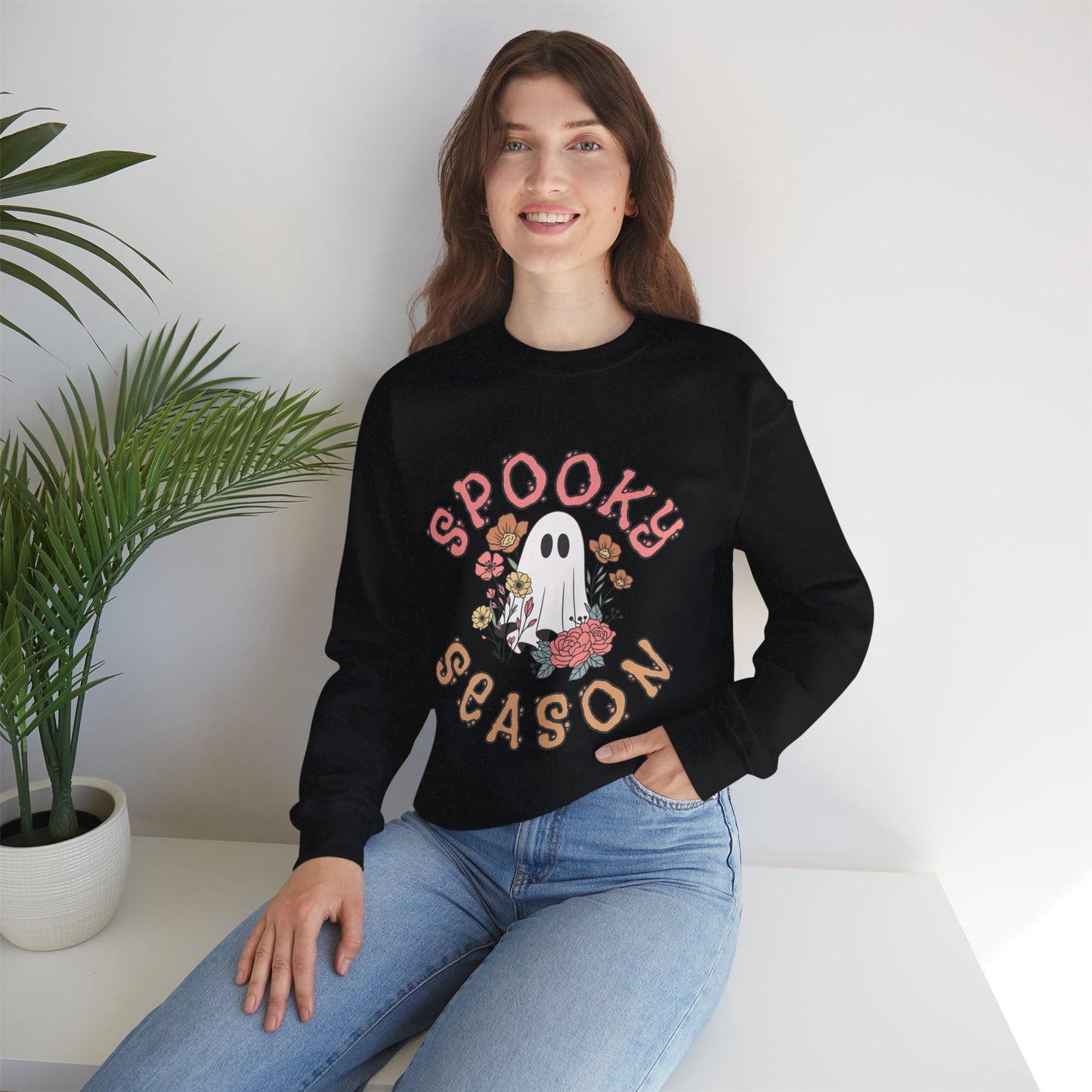 Spooky Season Ghost Sweatshirt – Cute Floral Halloween Crewneck, Pastel Aesthetic Fall Pullover