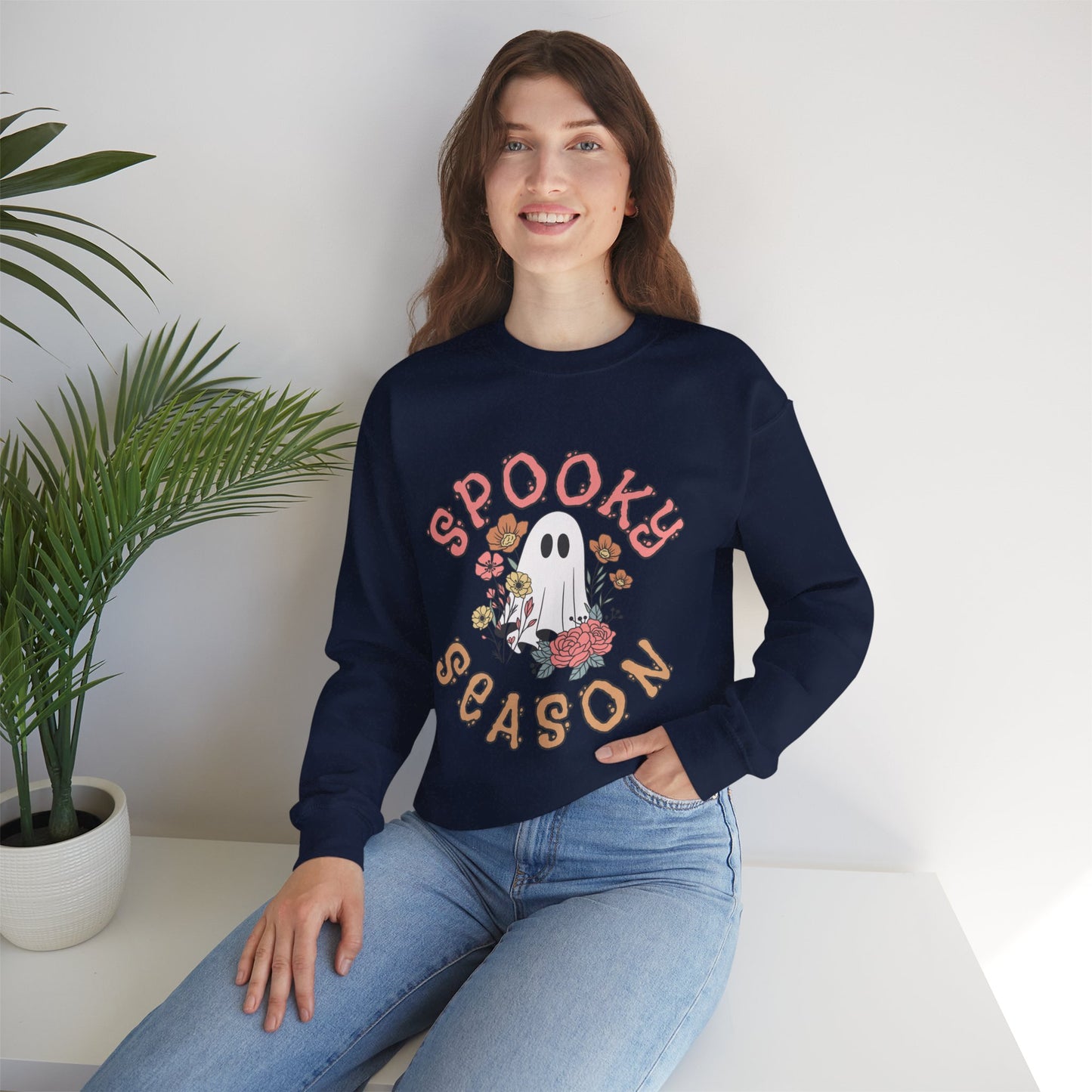 Spooky Season Ghost Sweatshirt – Cute Floral Halloween Crewneck, Pastel Aesthetic Fall Pullover
