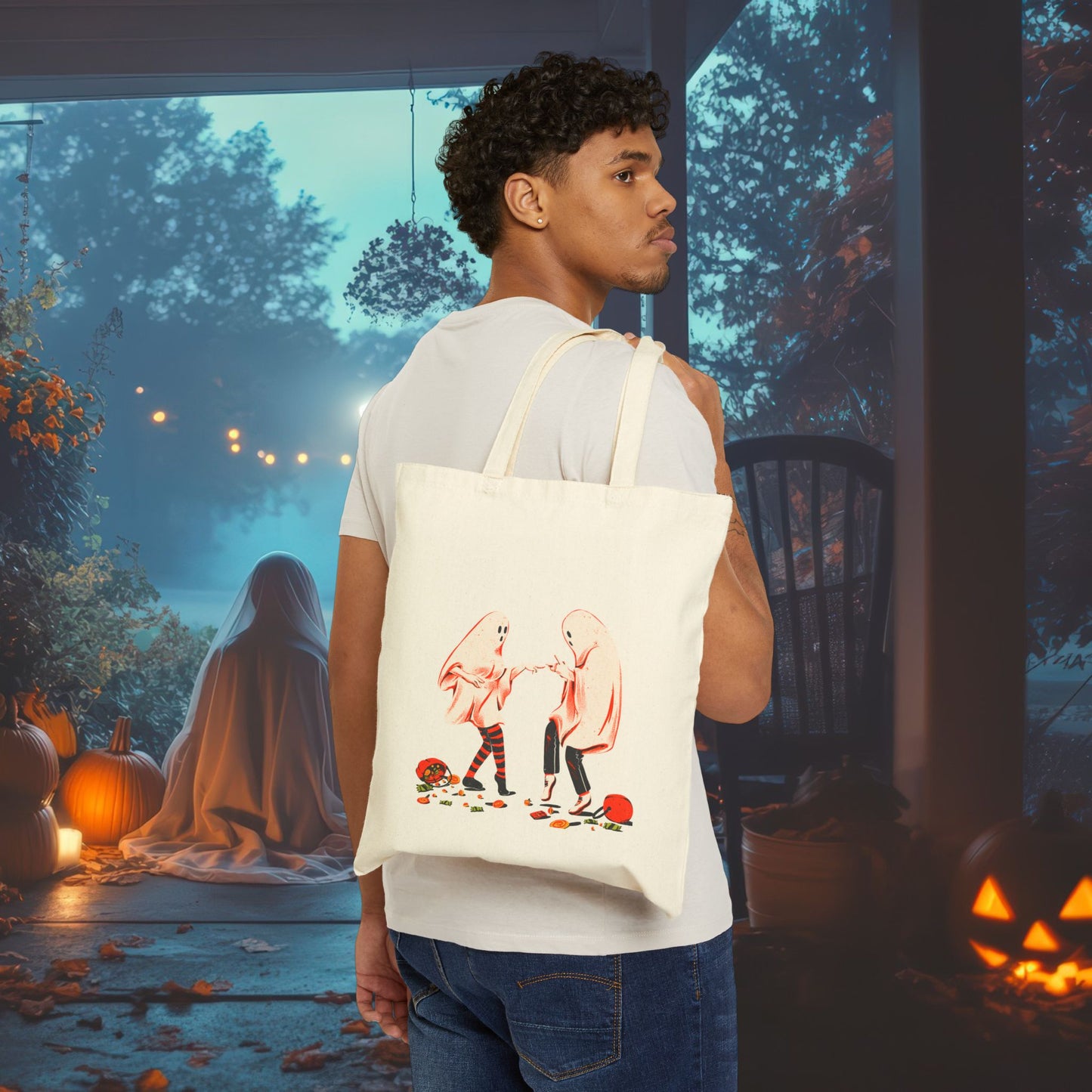 Happy Halloween Ghost Tote Bag – Cute Spooky Trick-or-Treat Bag, Dancing Ghosts Canvas Tote, Aesthetic Fall Reusable Shopping Bag