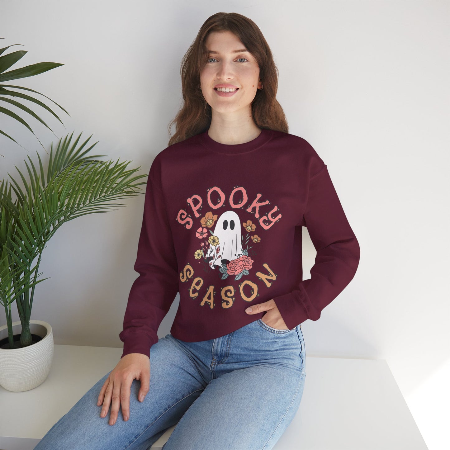 Spooky Season Ghost Sweatshirt – Cute Floral Halloween Crewneck, Pastel Aesthetic Fall Pullover