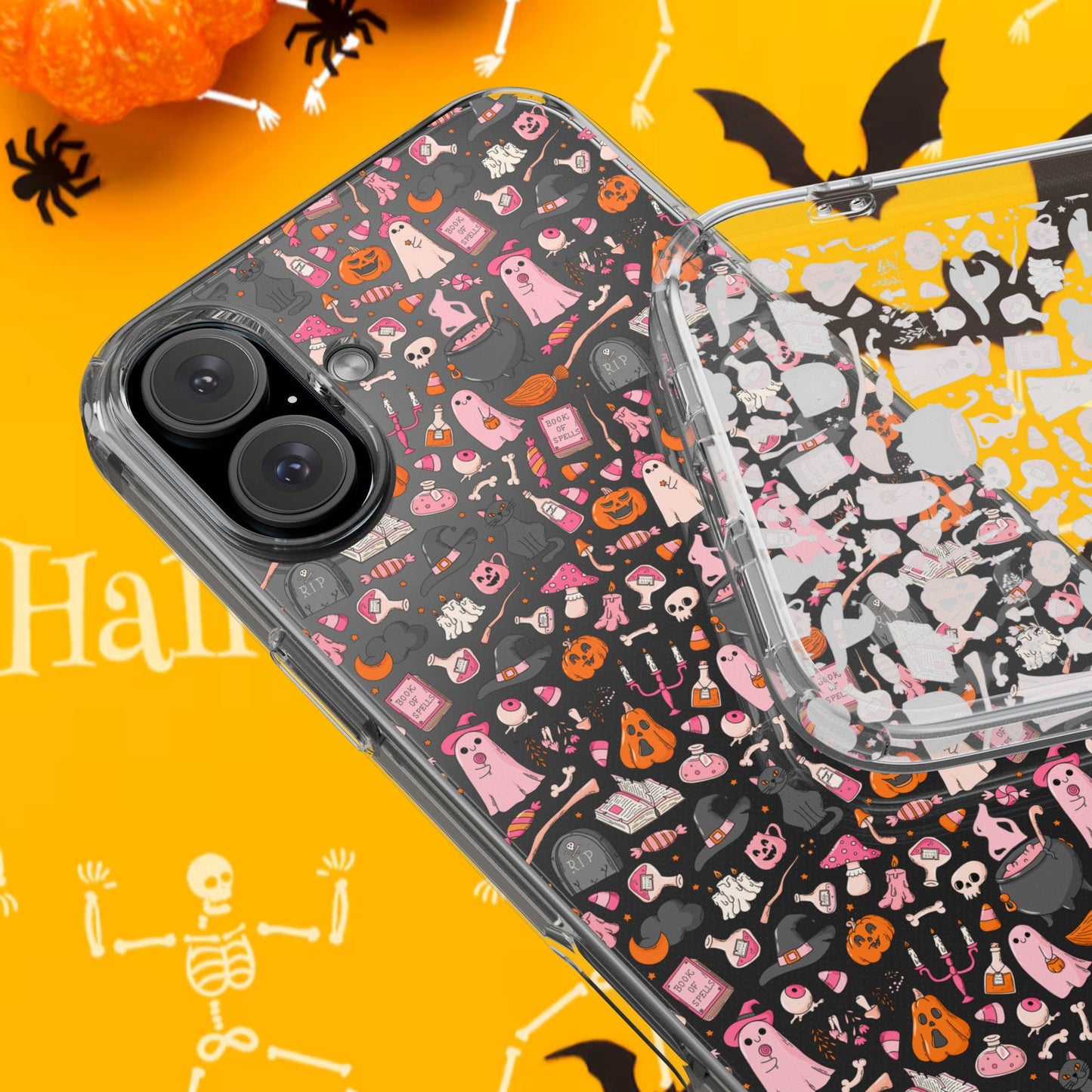 Halloween Hard Phone Case – Pink & Orange Spooky Pattern, Cute Aesthetic Protective iPhone & Samsung Cover