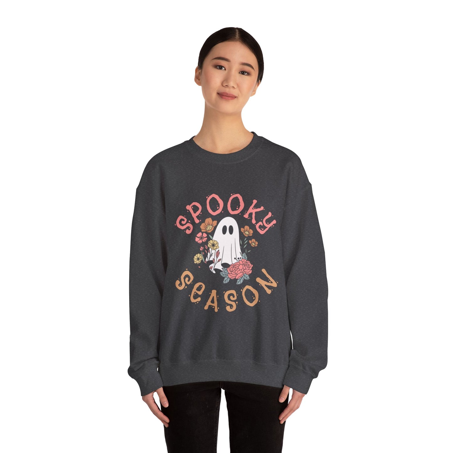 Spooky Season Ghost Sweatshirt – Cute Floral Halloween Crewneck, Pastel Aesthetic Fall Pullover
