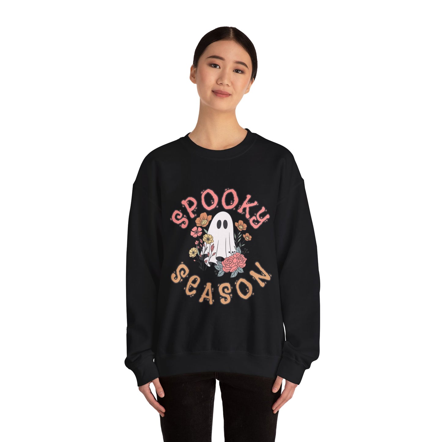 Spooky Season Ghost Sweatshirt – Cute Floral Halloween Crewneck, Pastel Aesthetic Fall Pullover