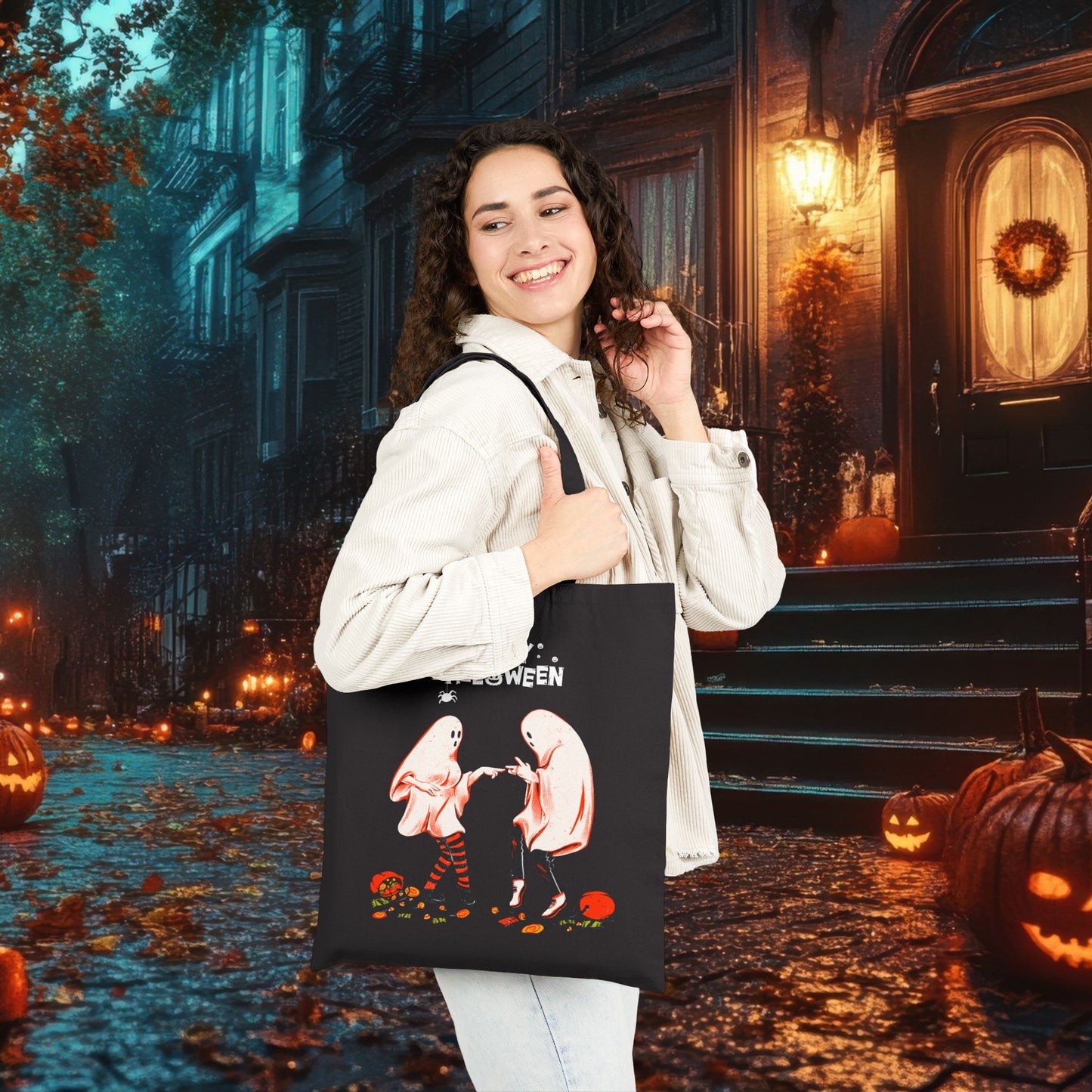 Happy Halloween Ghost Tote Bag – Cute Spooky Trick-or-Treat Bag, Dancing Ghosts Canvas Tote, Aesthetic Fall Reusable Shopping Bag