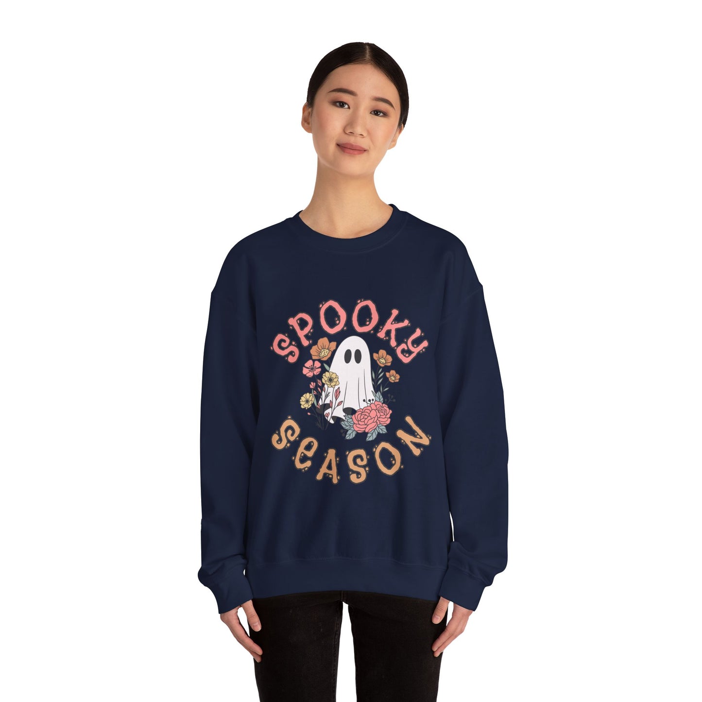 Spooky Season Ghost Sweatshirt – Cute Floral Halloween Crewneck, Pastel Aesthetic Fall Pullover