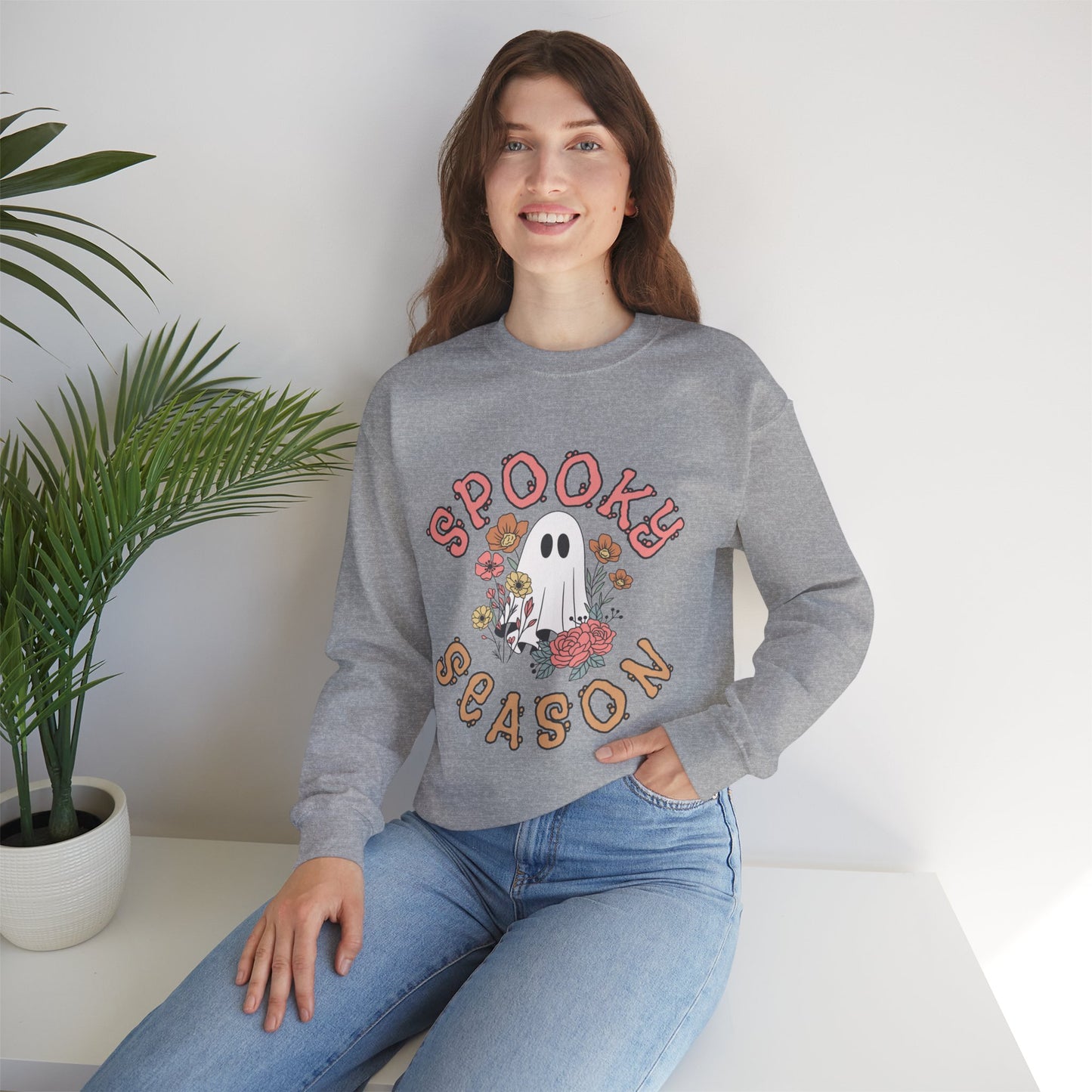 Spooky Season Ghost Sweatshirt – Cute Floral Halloween Crewneck, Pastel Aesthetic Fall Pullover