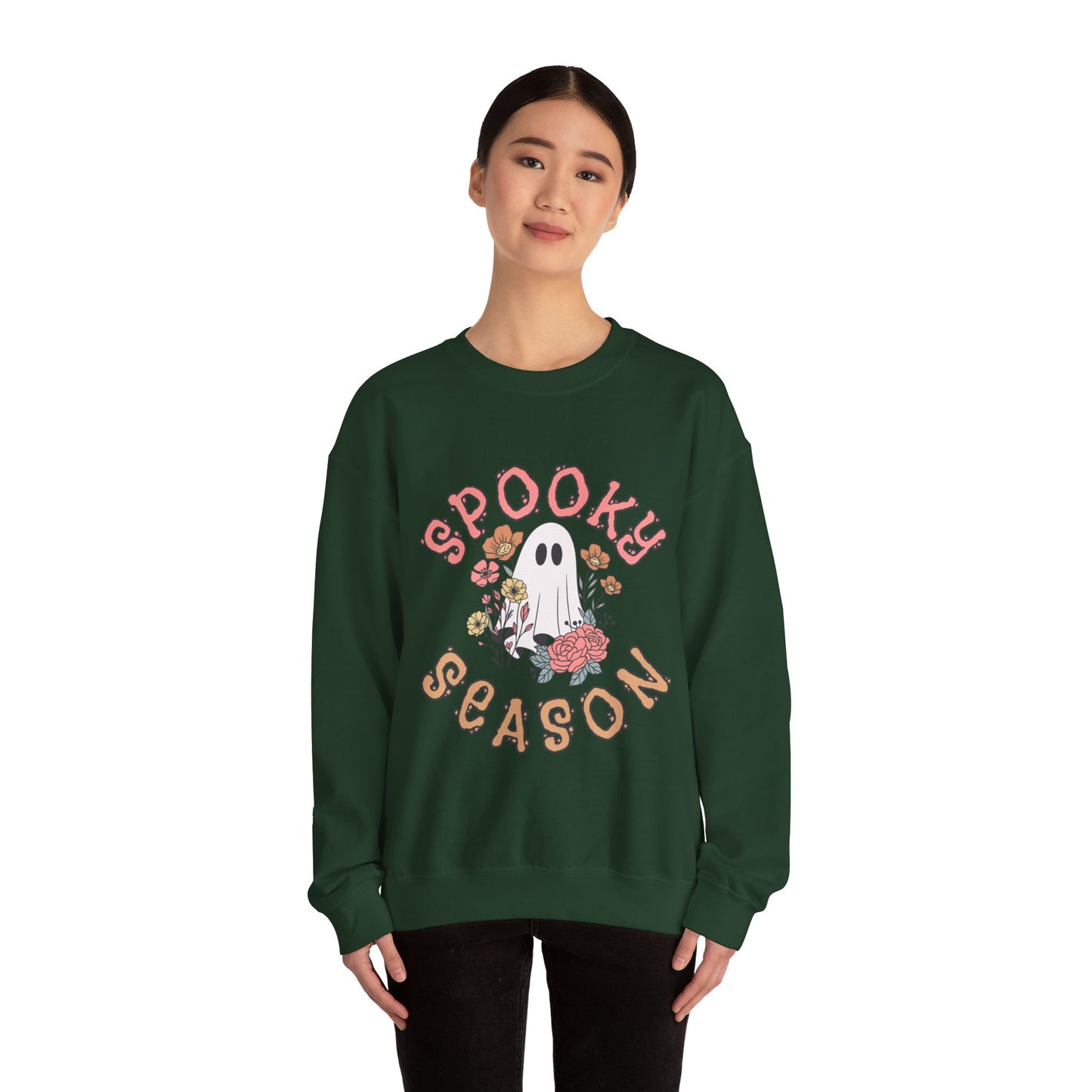 Spooky Season Ghost Sweatshirt – Cute Floral Halloween Crewneck, Pastel Aesthetic Fall Pullover