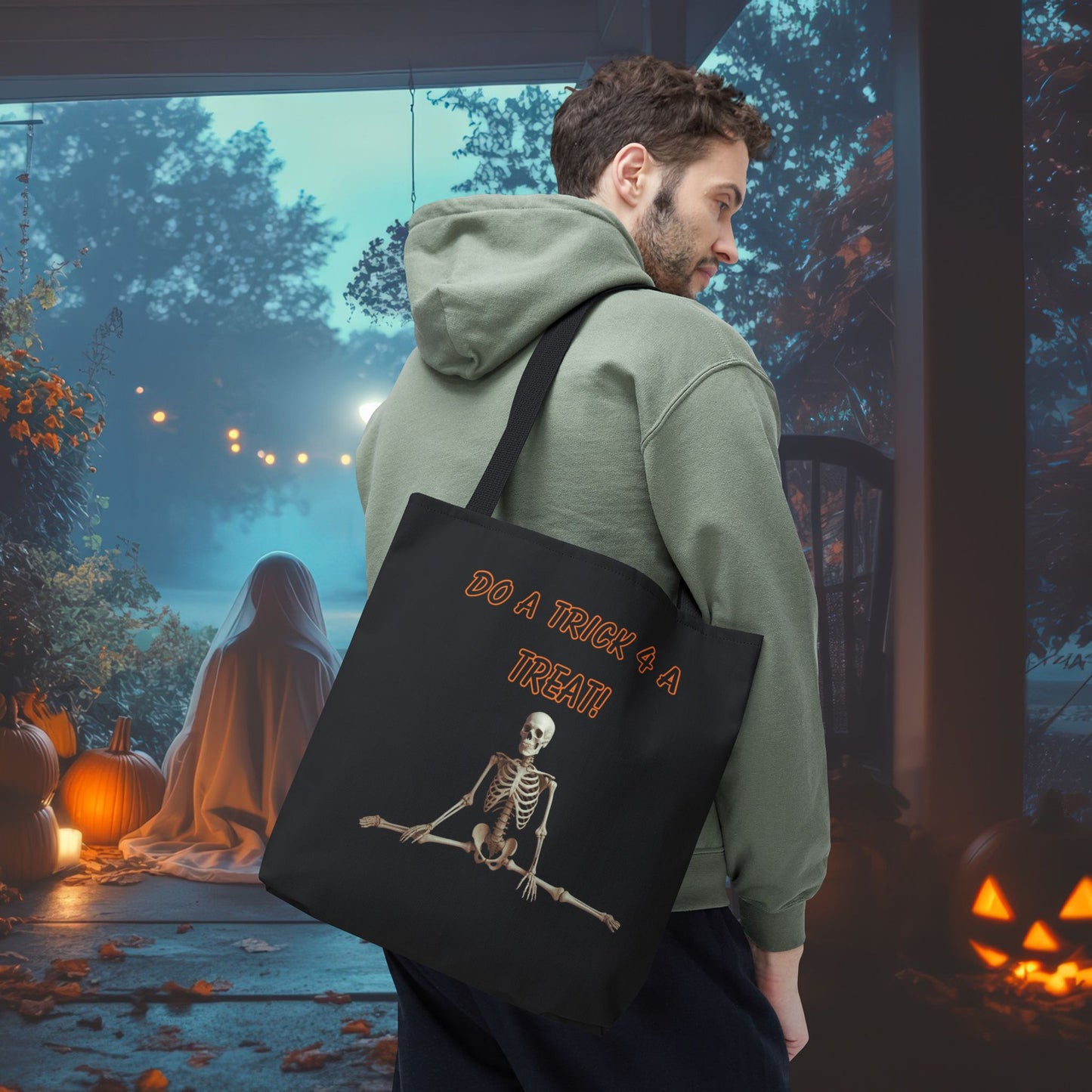 Happy Halloween Tote Bag – Funny Skeleton & Ghost Reversible Trick-or-Treat Bag, Spooky Canvas Tote for Fall, Reusable Halloween Shopping Bag