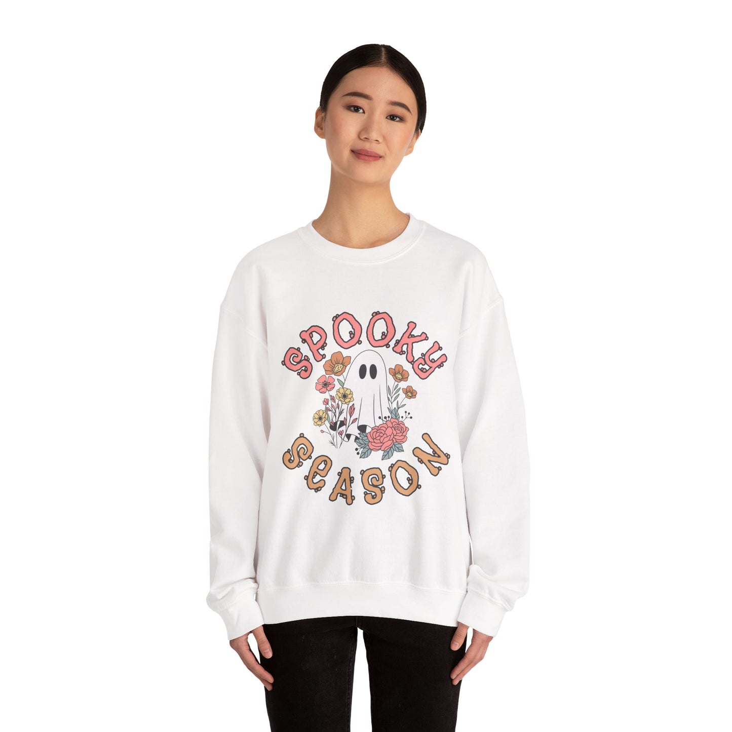 Spooky Season Ghost Sweatshirt – Cute Floral Halloween Crewneck, Pastel Aesthetic Fall Pullover
