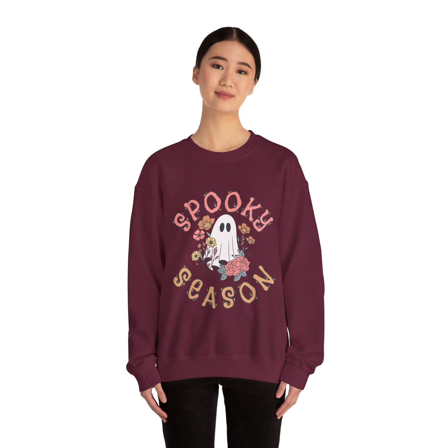 Spooky Season Ghost Sweatshirt – Cute Floral Halloween Crewneck, Pastel Aesthetic Fall Pullover