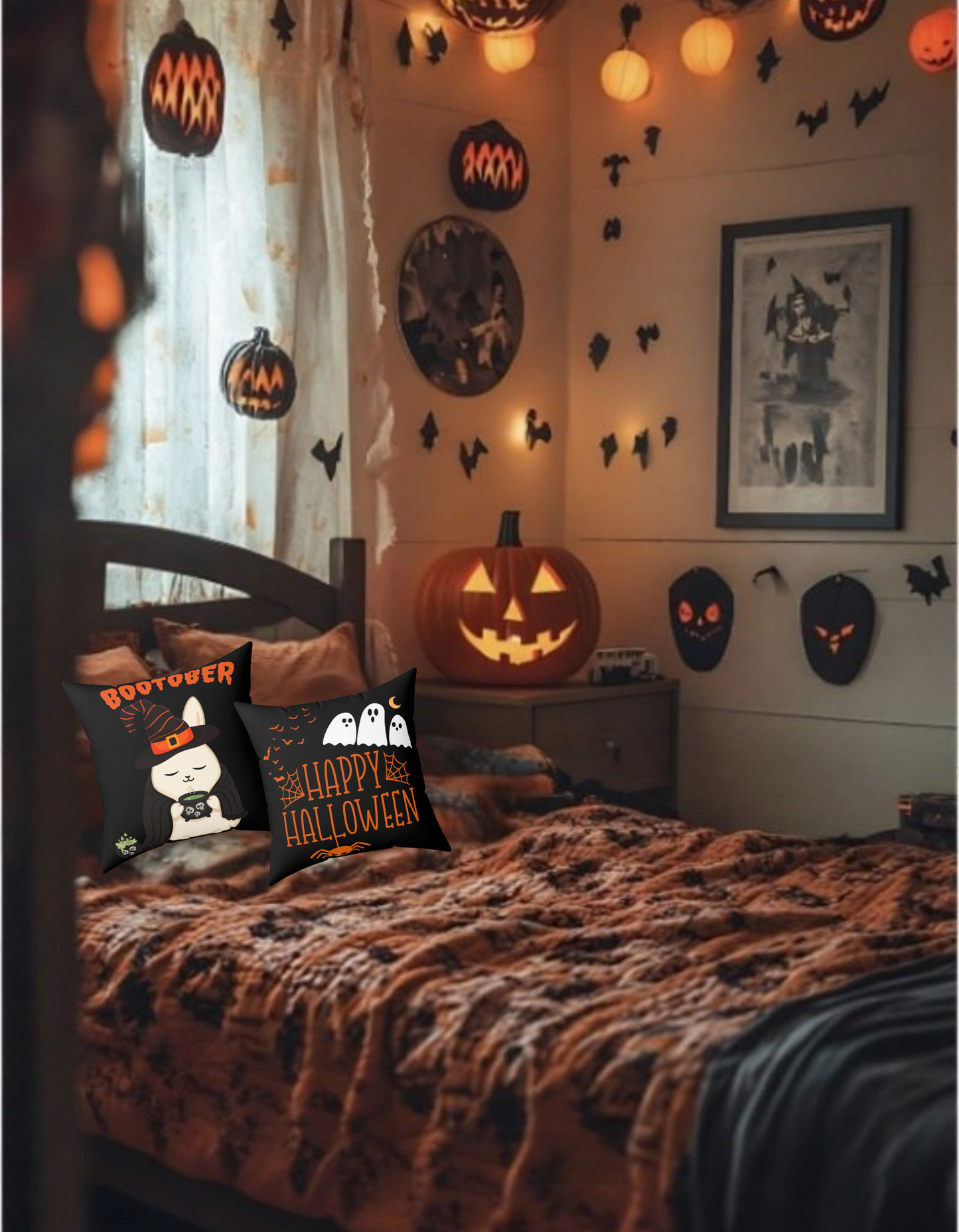 Bootober Bunny Halloween Pillow – Double-Sided Cute Bunny Witch & Ghost Design, Spooky Fall Throw Pillow for Cozy Home Decor