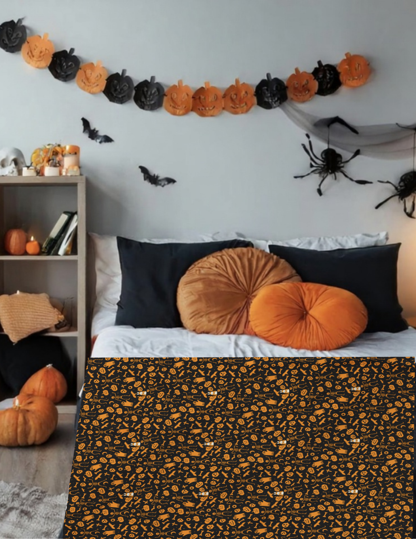 Spooky Cozy Halloween Blanket – Soft Black & Orange Fall Throw with Pumpkin, Bat & Ghost Pattern, Perfect for Autumn Home Decor