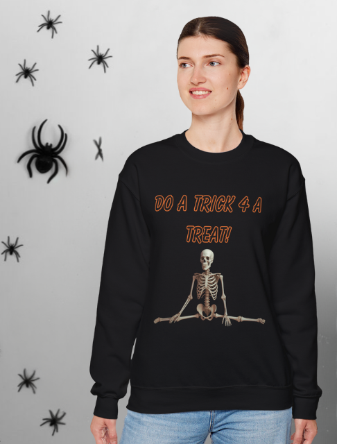 Funny Halloween Skeleton Sweatshirt – “Do a Trick 4 a Treat!” Pullover | Unisex Spooky Crewneck | Fall Cozy Graphic Sweater