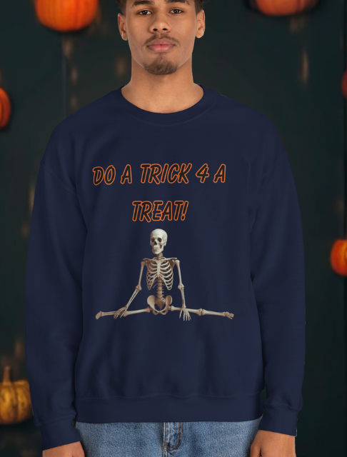 Funny Halloween Skeleton Sweatshirt – “Do a Trick 4 a Treat!” Pullover | Unisex Spooky Crewneck | Fall Cozy Graphic Sweater