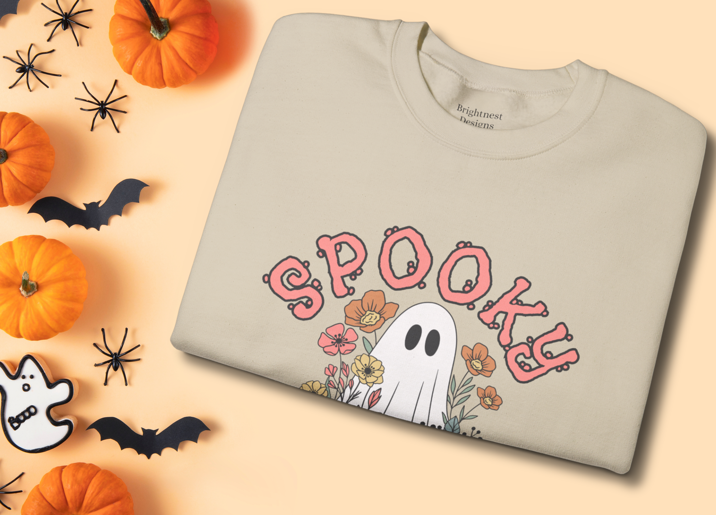 Spooky Season Ghost Sweatshirt – Cute Floral Halloween Crewneck, Pastel Aesthetic Fall Pullover