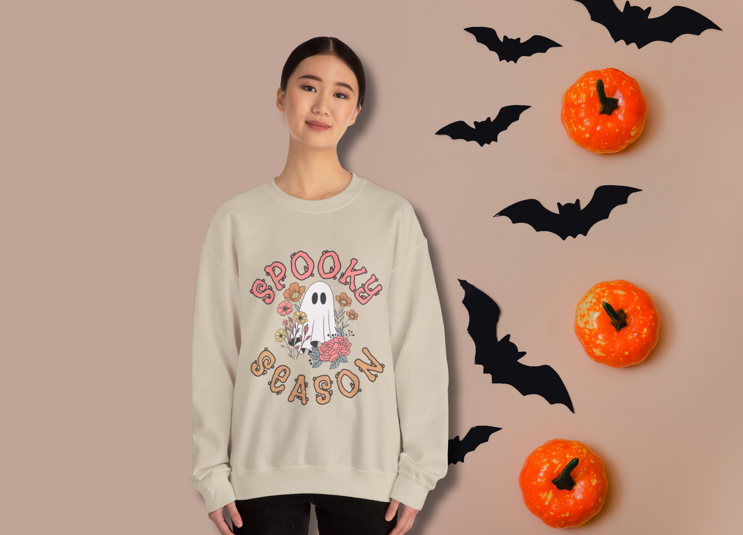 Spooky Season Ghost Sweatshirt – Cute Floral Halloween Crewneck, Pastel Aesthetic Fall Pullover