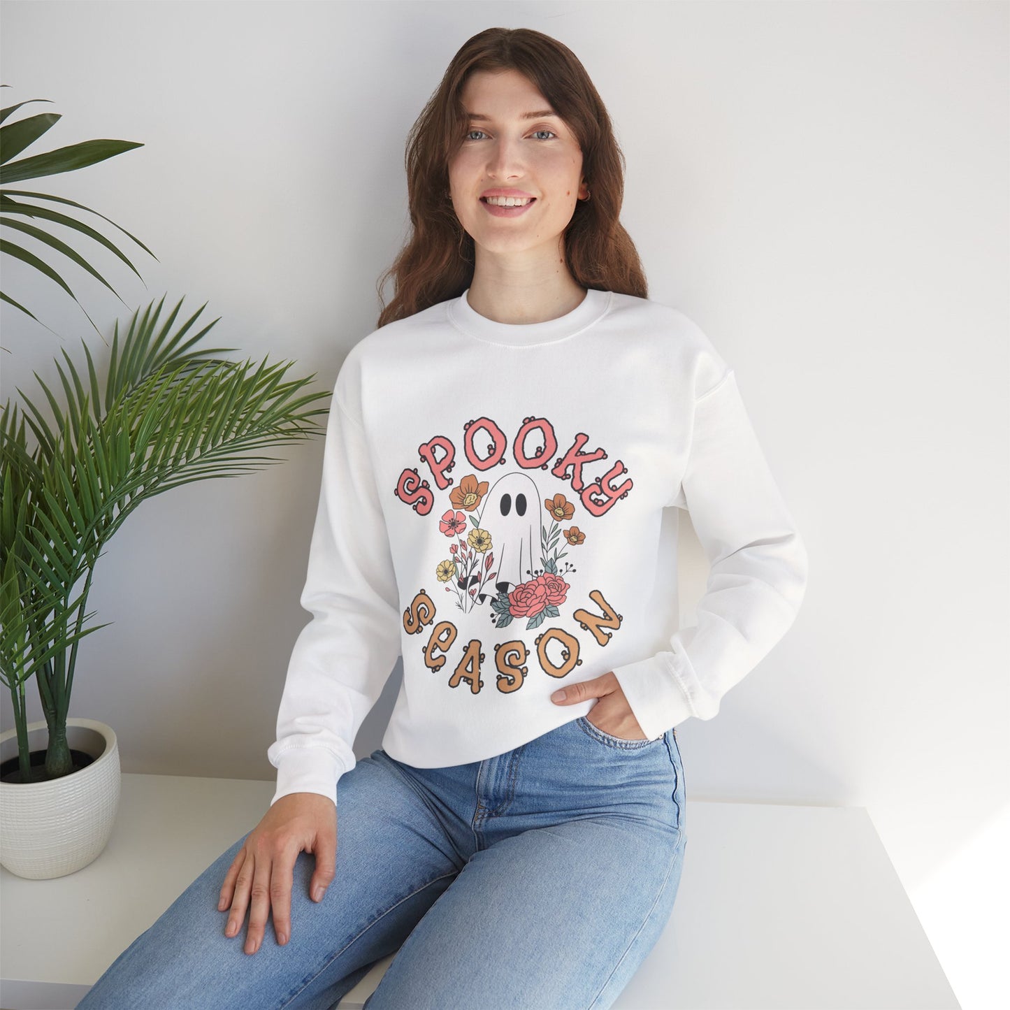 Spooky Season Ghost Sweatshirt – Cute Floral Halloween Crewneck, Pastel Aesthetic Fall Pullover