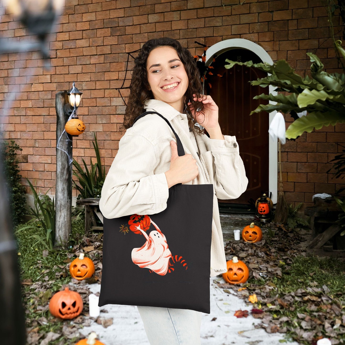 Happy Halloween Ghost Tote Bag – Cute Spooky Trick-or-Treat Bag, Dancing Ghosts Canvas Tote, Aesthetic Fall Reusable Shopping Bag