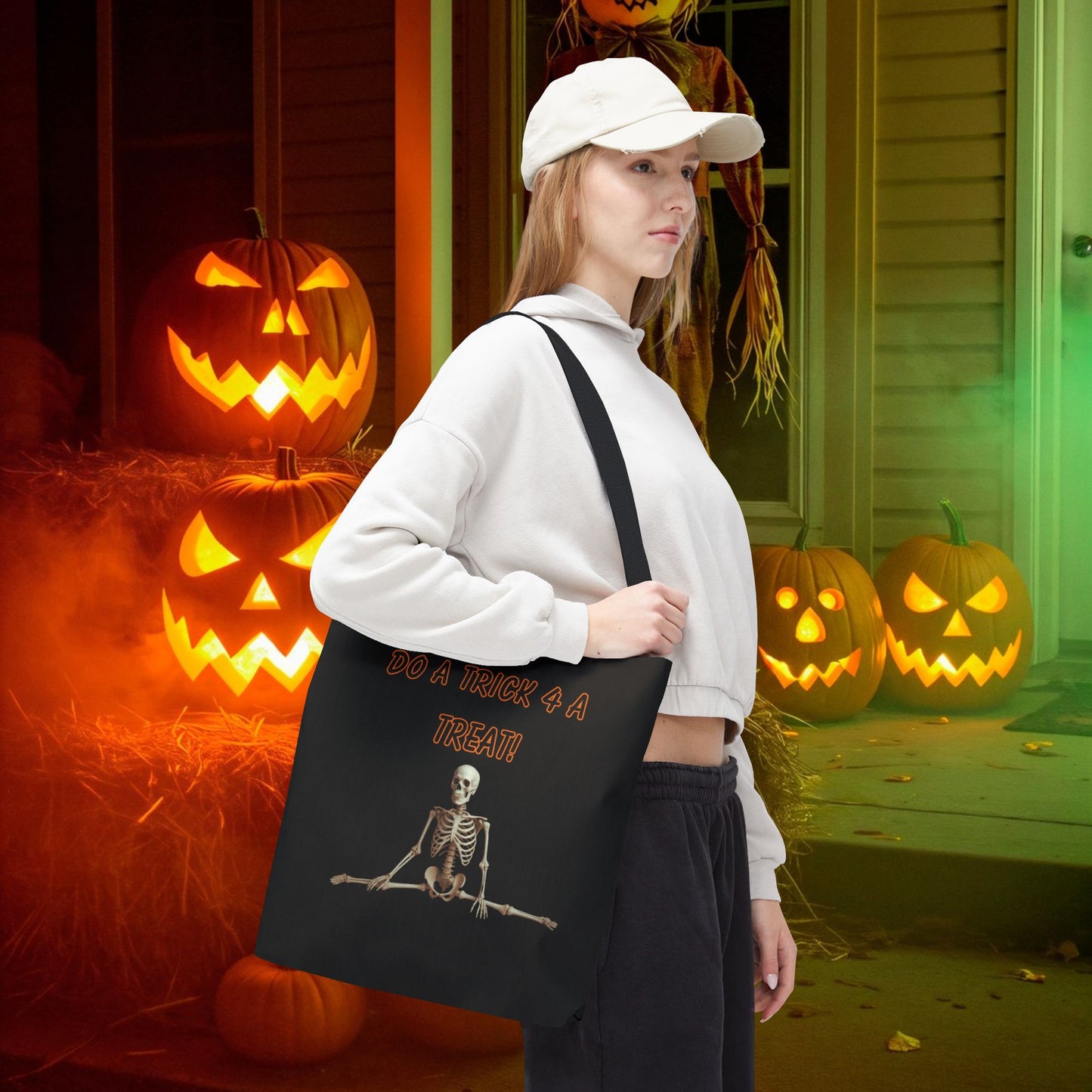 Happy Halloween Tote Bag – Funny Skeleton & Ghost Reversible Trick-or-Treat Bag, Spooky Canvas Tote for Fall, Reusable Halloween Shopping Bag