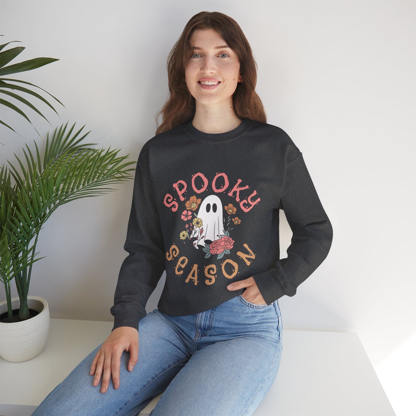 Spooky Season Ghost Sweatshirt – Cute Floral Halloween Crewneck, Pastel Aesthetic Fall Pullover