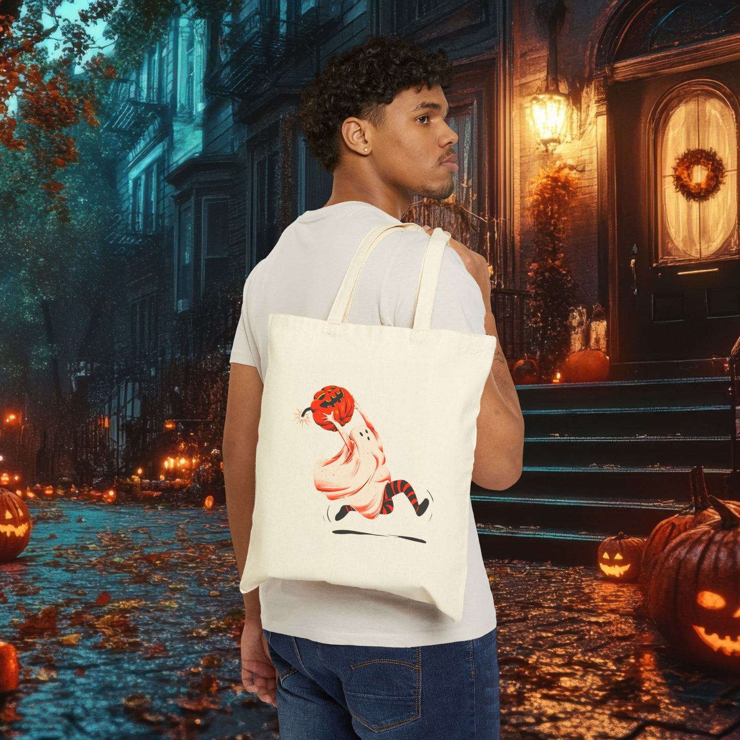 Happy Halloween Ghost Tote Bag – Cute Spooky Trick-or-Treat Bag, Dancing Ghosts Canvas Tote, Aesthetic Fall Reusable Shopping Bag