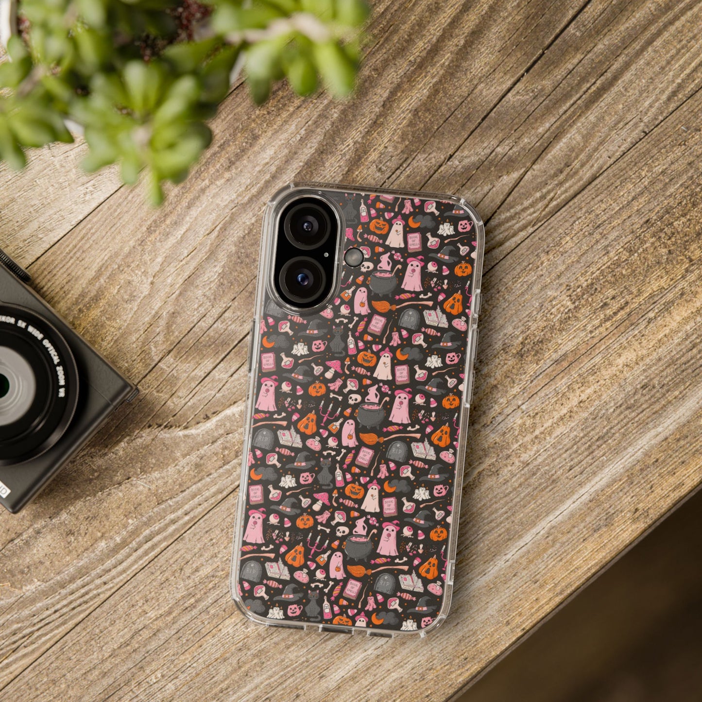 Halloween Hard Phone Case – Pink & Orange Spooky Pattern, Cute Aesthetic Protective iPhone & Samsung Cover