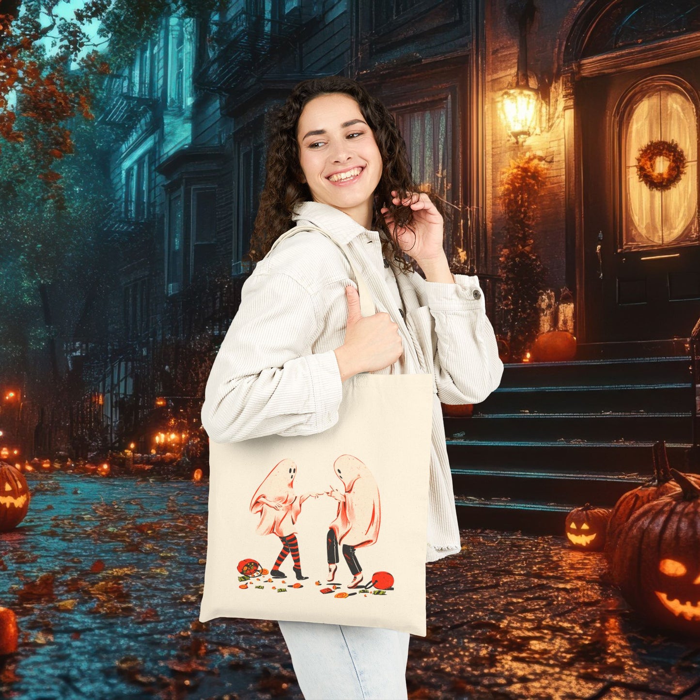 Happy Halloween Ghost Tote Bag – Cute Spooky Trick-or-Treat Bag, Dancing Ghosts Canvas Tote, Aesthetic Fall Reusable Shopping Bag