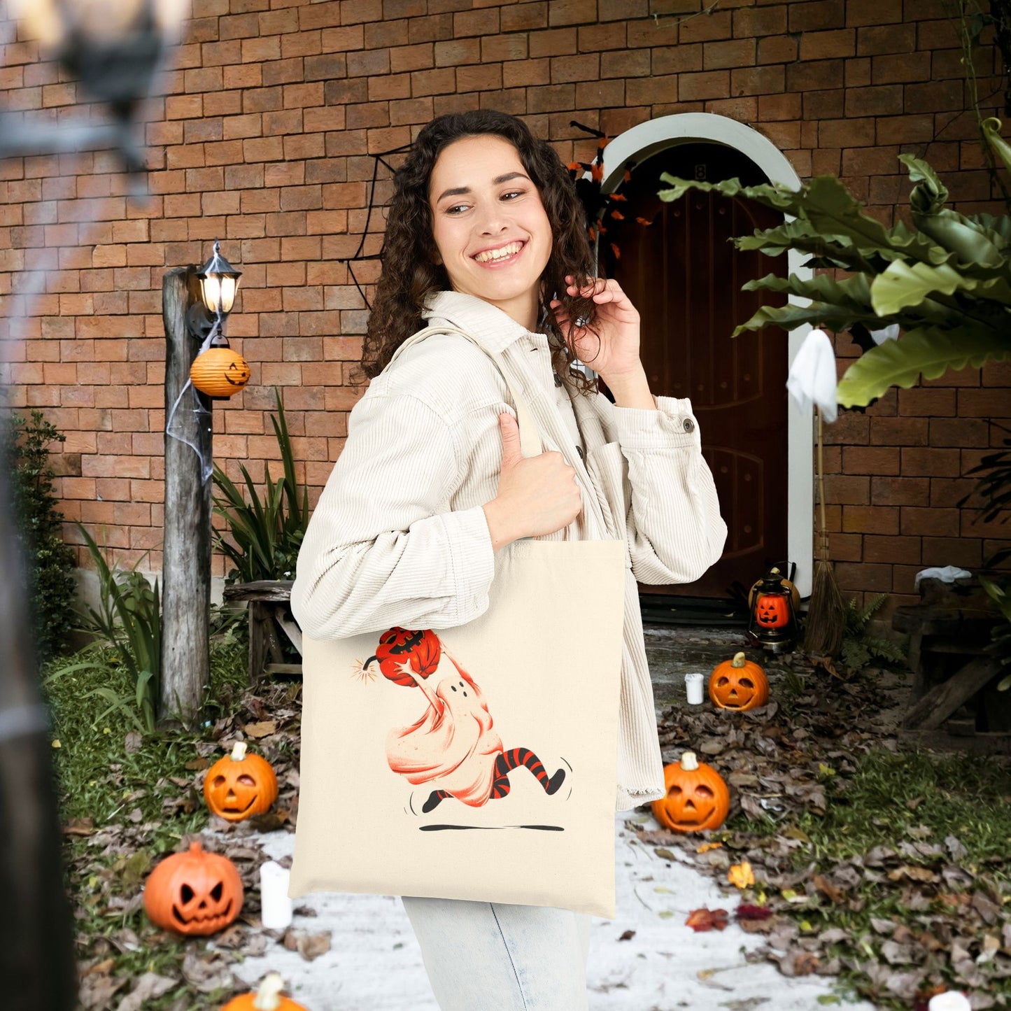Happy Halloween Ghost Tote Bag – Cute Spooky Trick-or-Treat Bag, Dancing Ghosts Canvas Tote, Aesthetic Fall Reusable Shopping Bag