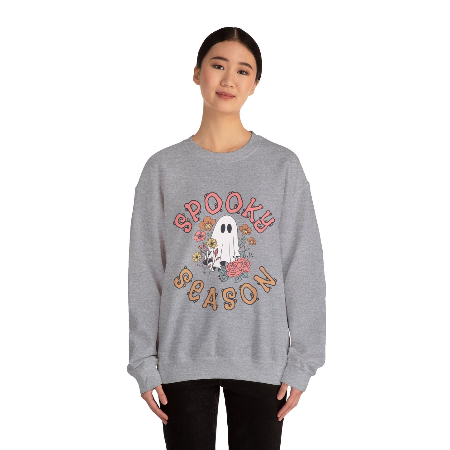 Spooky Season Ghost Sweatshirt – Cute Floral Halloween Crewneck, Pastel Aesthetic Fall Pullover
