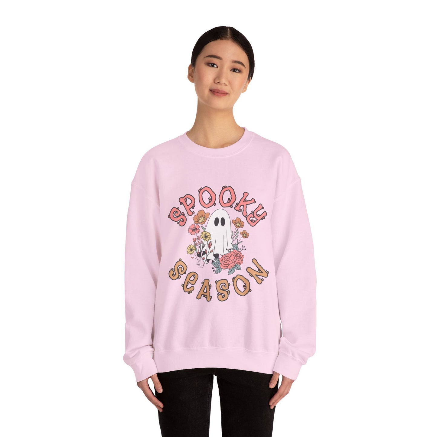 Spooky Season Ghost Sweatshirt – Cute Floral Halloween Crewneck, Pastel Aesthetic Fall Pullover