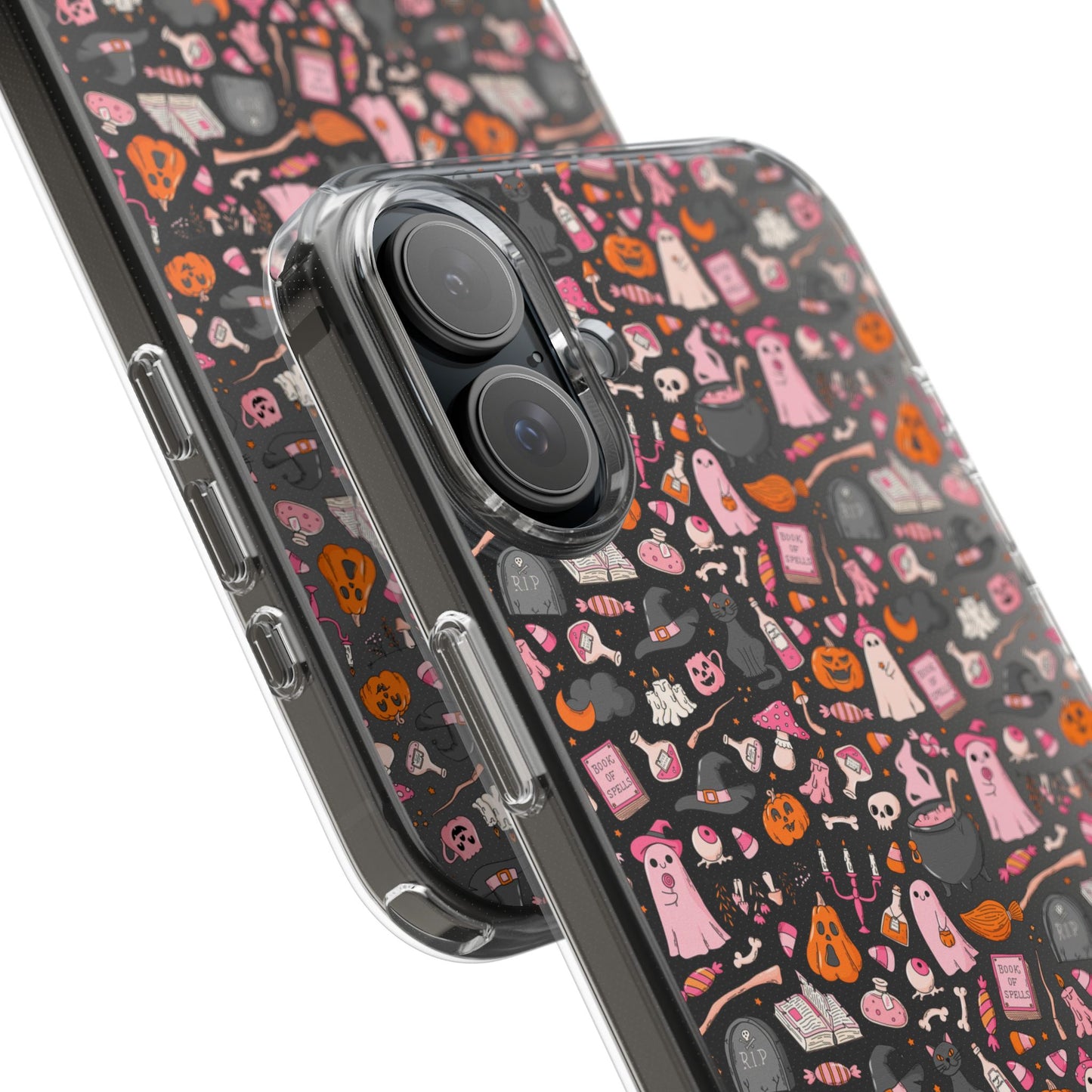 Halloween Hard Phone Case – Pink & Orange Spooky Pattern, Cute Aesthetic Protective iPhone & Samsung Cover