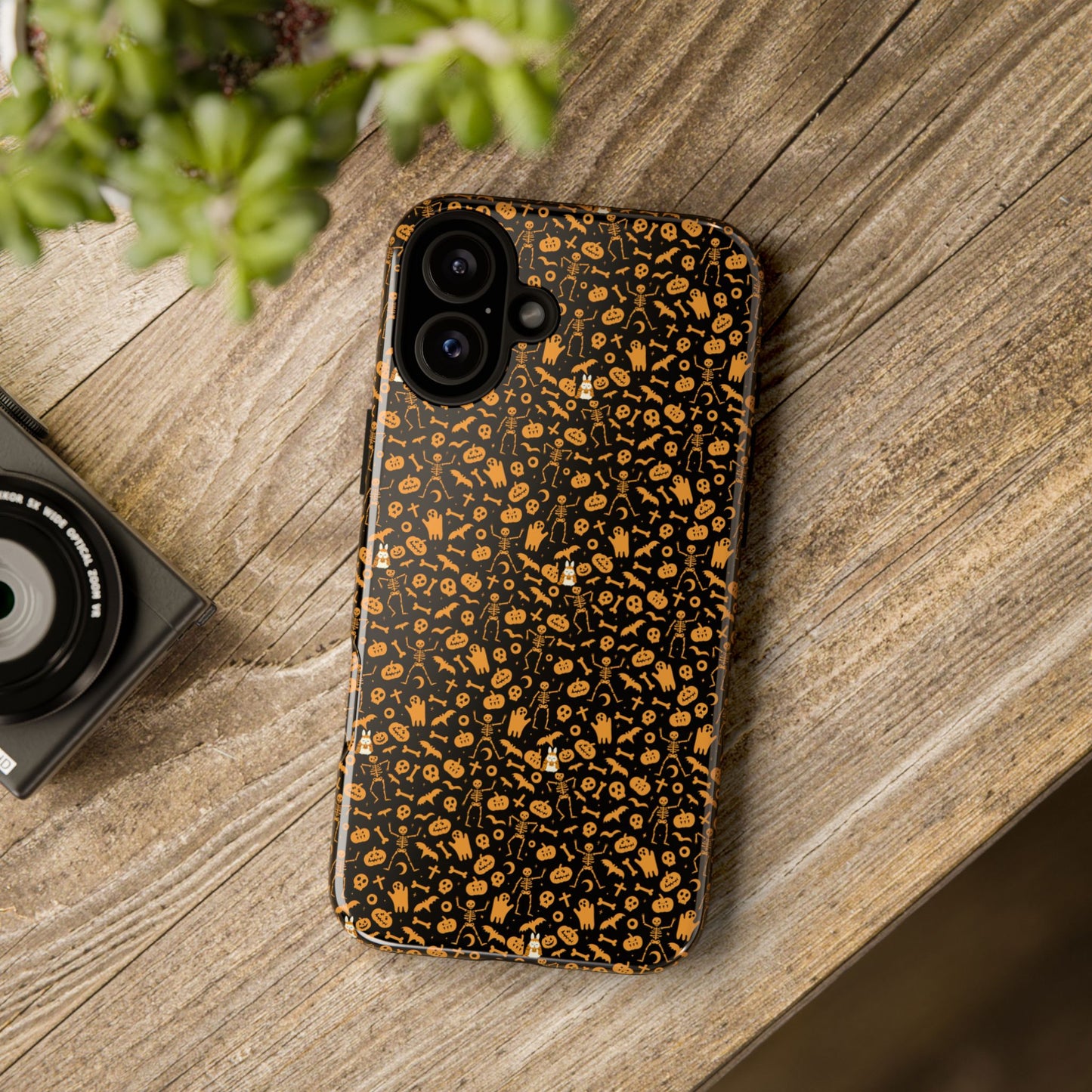 Spooky Icons Halloween Hard Phone Case – Glossy Orange & Black Pumpkin Ghost Pattern, Protective Fall Aesthetic