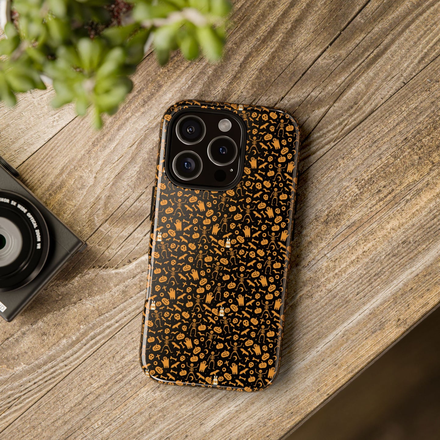 Spooky Icons Halloween Hard Phone Case – Glossy Orange & Black Pumpkin Ghost Pattern, Protective Fall Aesthetic