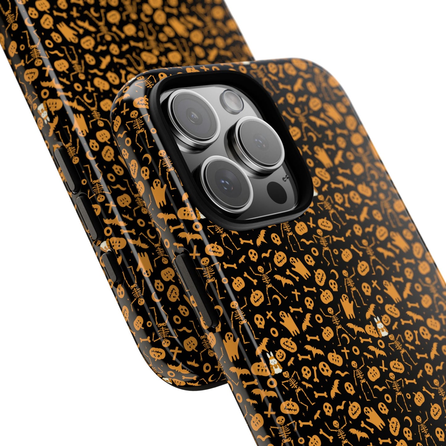 Spooky Icons Halloween Hard Phone Case – Glossy Orange & Black Pumpkin Ghost Pattern, Protective Fall Aesthetic