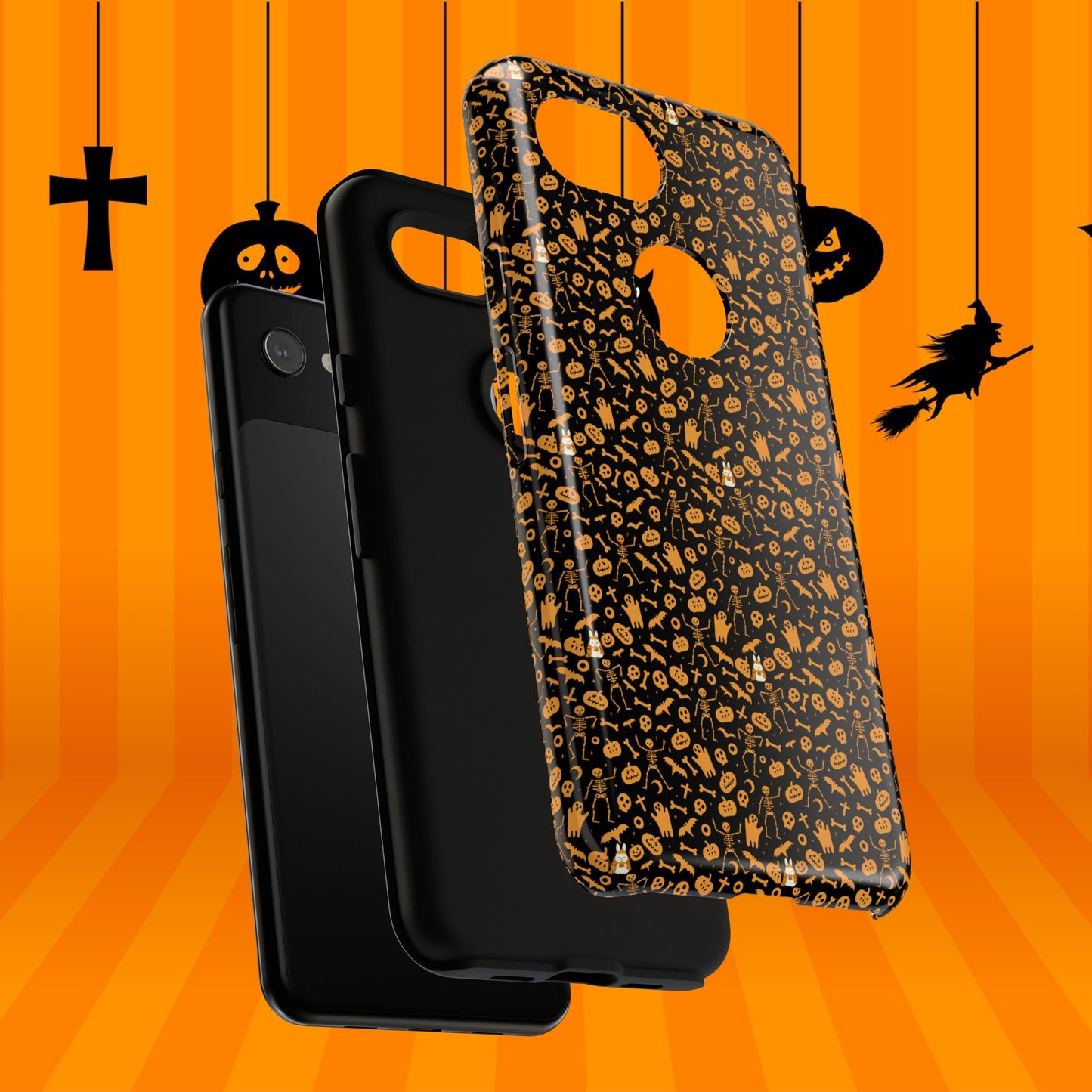 Spooky Icons Halloween Hard Phone Case – Glossy Orange & Black Pumpkin Ghost Pattern, Protective Fall Aesthetic