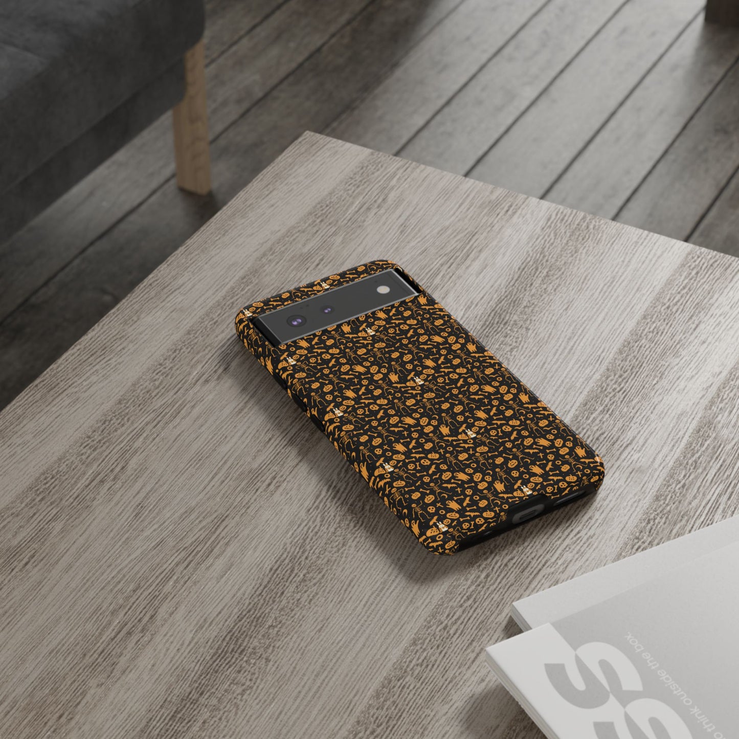 Spooky Icons Halloween Hard Phone Case – Glossy Orange & Black Pumpkin Ghost Pattern, Protective Fall Aesthetic