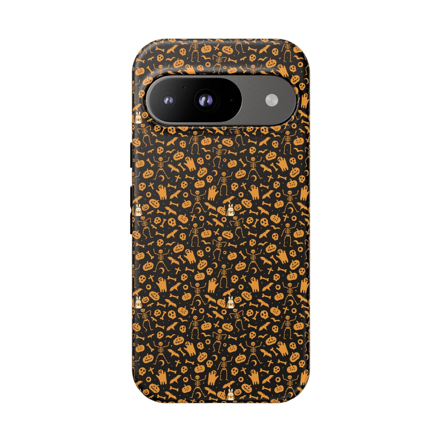 Spooky Icons Halloween Hard Phone Case – Glossy Orange & Black Pumpkin Ghost Pattern, Protective Fall Aesthetic