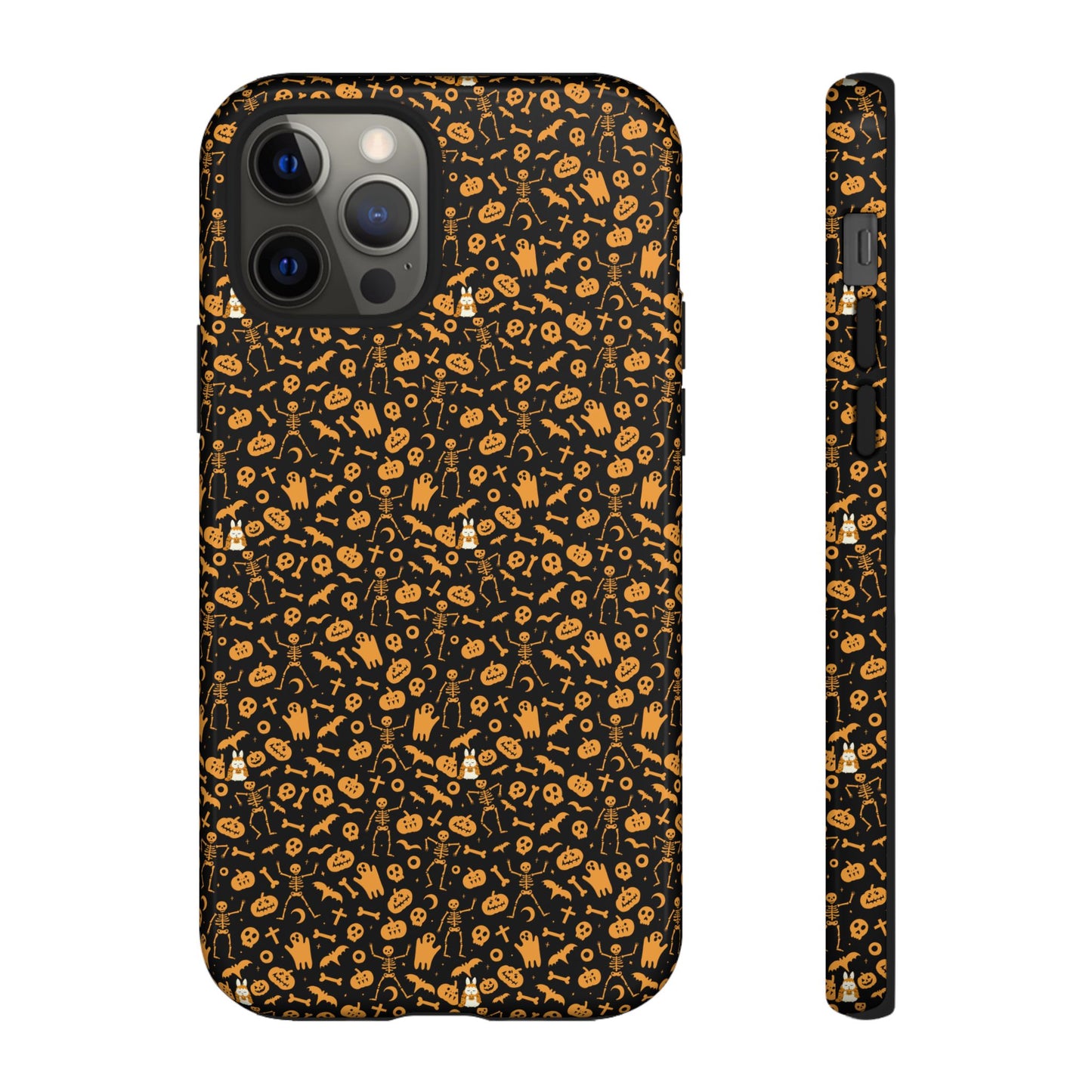 Spooky Icons Halloween Hard Phone Case – Glossy Orange & Black Pumpkin Ghost Pattern, Protective Fall Aesthetic