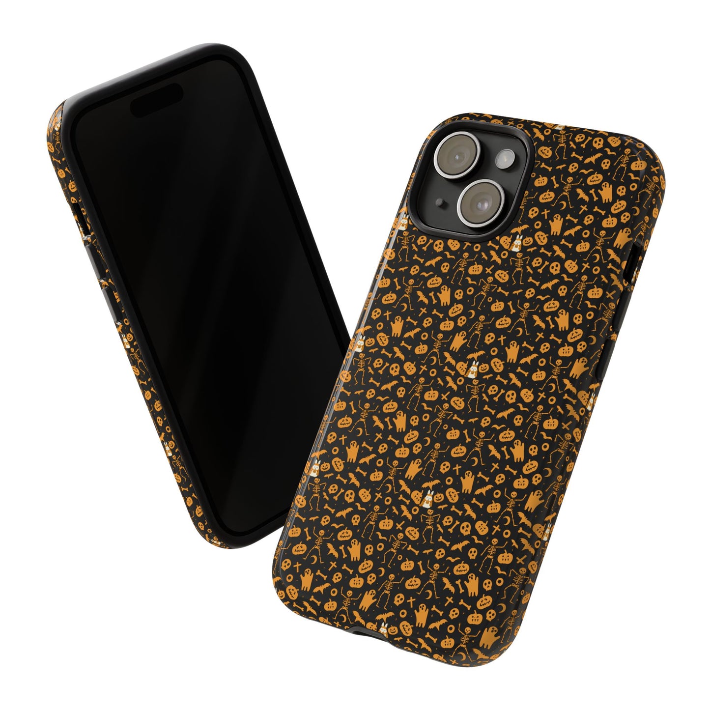 Spooky Icons Halloween Hard Phone Case – Glossy Orange & Black Pumpkin Ghost Pattern, Protective Fall Aesthetic