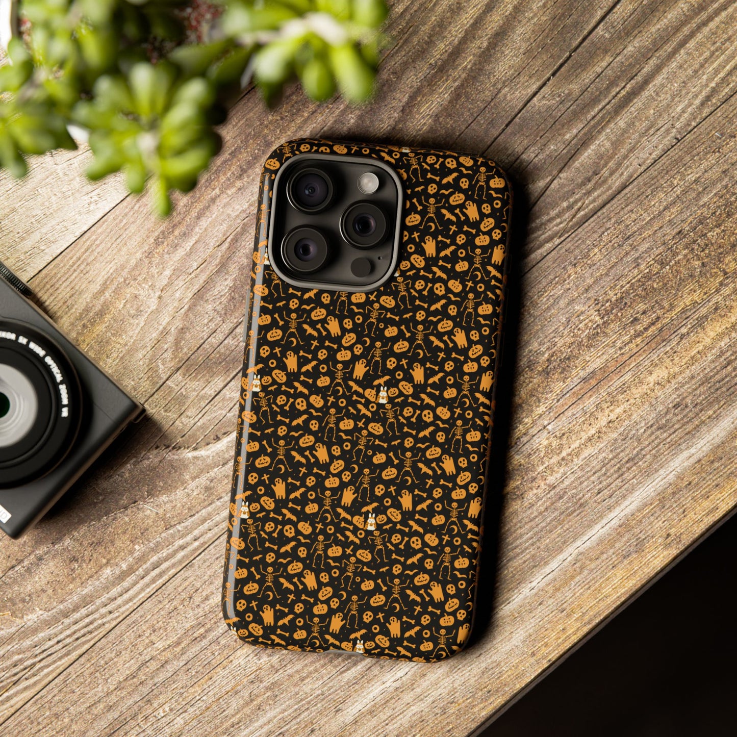 Spooky Icons Halloween Hard Phone Case – Glossy Orange & Black Pumpkin Ghost Pattern, Protective Fall Aesthetic