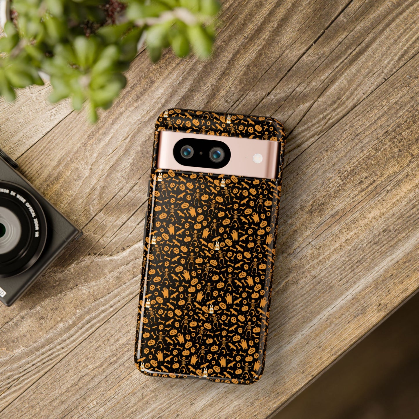 Spooky Icons Halloween Hard Phone Case – Glossy Orange & Black Pumpkin Ghost Pattern, Protective Fall Aesthetic
