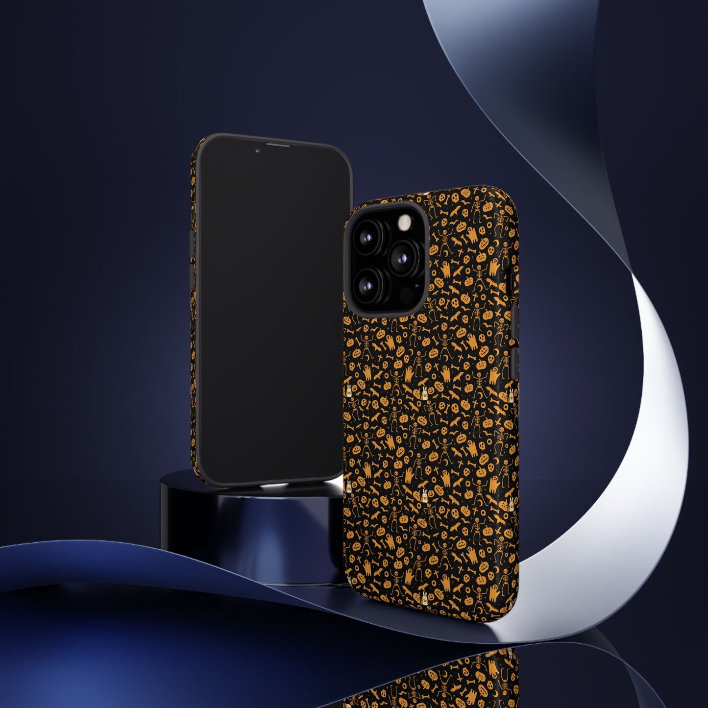 Spooky Icons Halloween Hard Phone Case – Glossy Orange & Black Pumpkin Ghost Pattern, Protective Fall Aesthetic