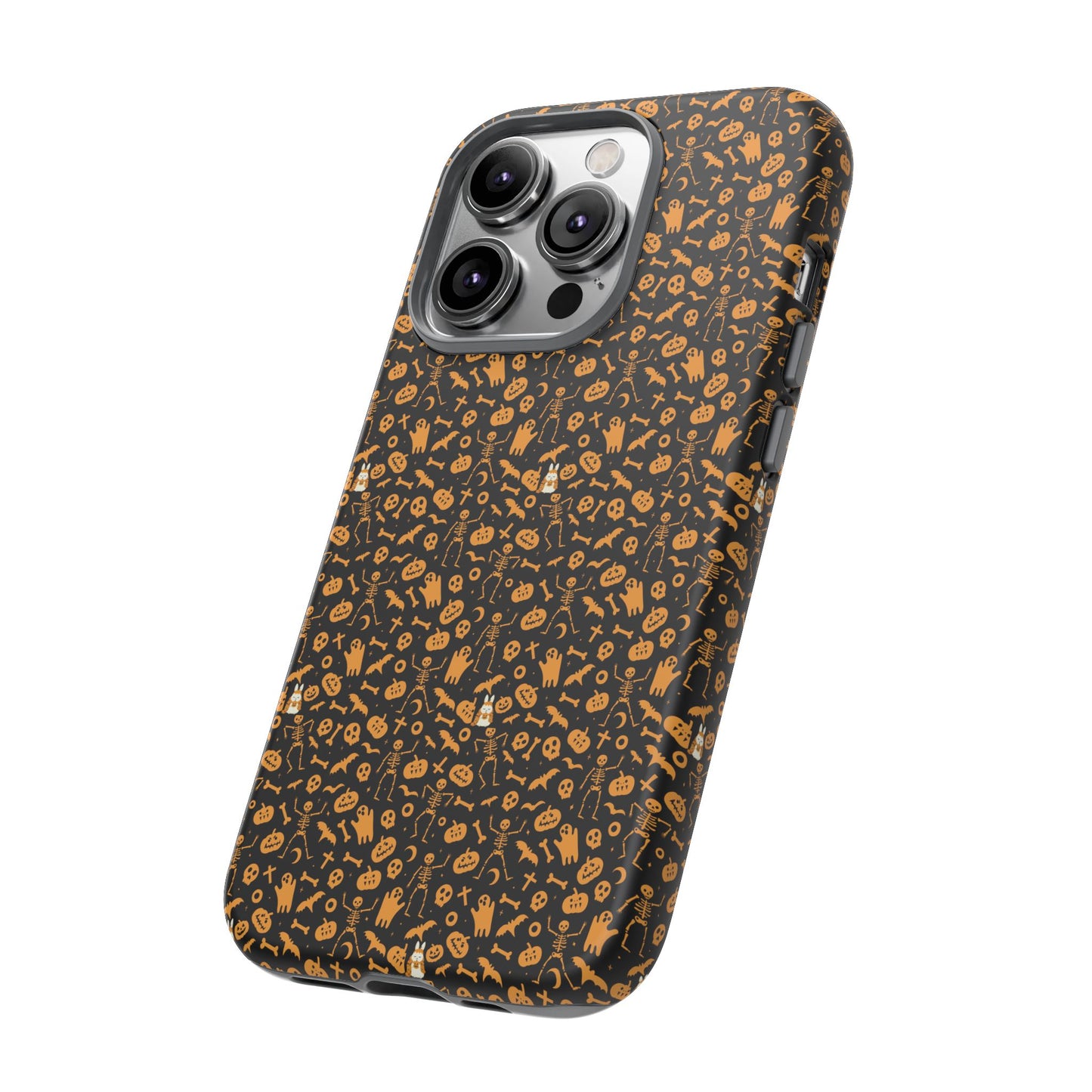 Spooky Icons Halloween Hard Phone Case – Glossy Orange & Black Pumpkin Ghost Pattern, Protective Fall Aesthetic