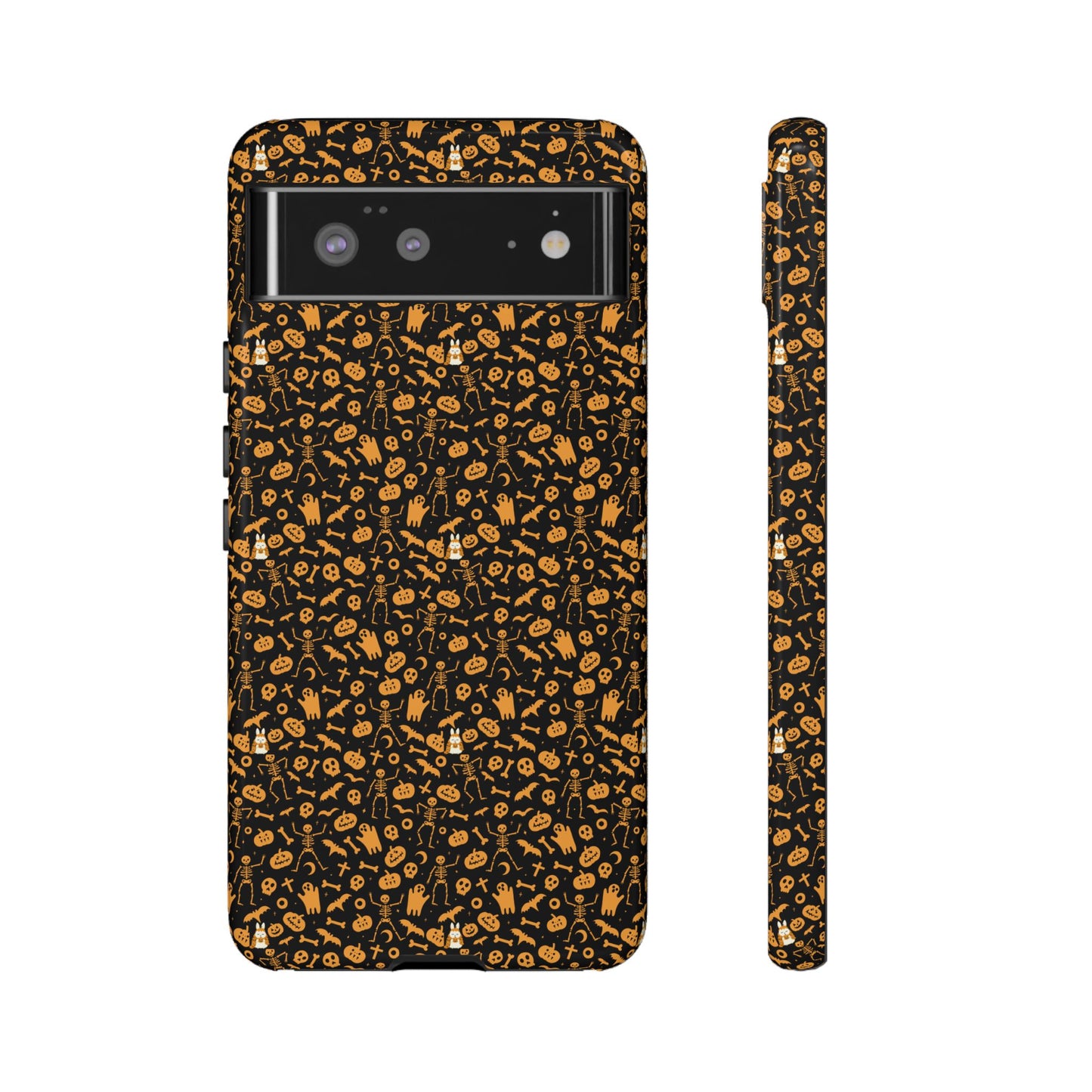 Spooky Icons Halloween Hard Phone Case – Glossy Orange & Black Pumpkin Ghost Pattern, Protective Fall Aesthetic