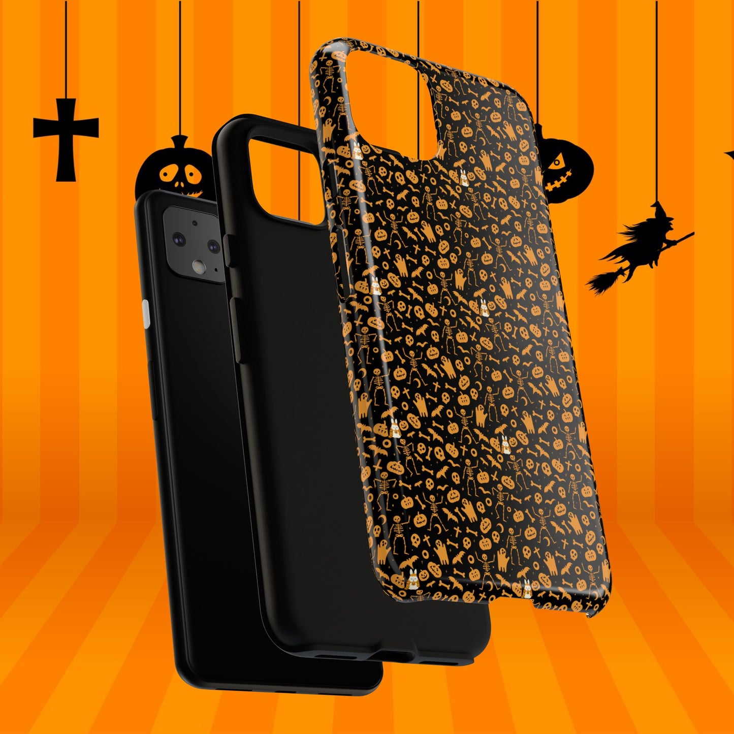 Spooky Icons Halloween Hard Phone Case – Glossy Orange & Black Pumpkin Ghost Pattern, Protective Fall Aesthetic