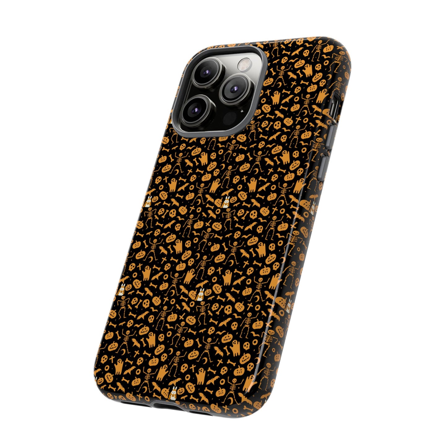 Spooky Icons Halloween Hard Phone Case – Glossy Orange & Black Pumpkin Ghost Pattern, Protective Fall Aesthetic