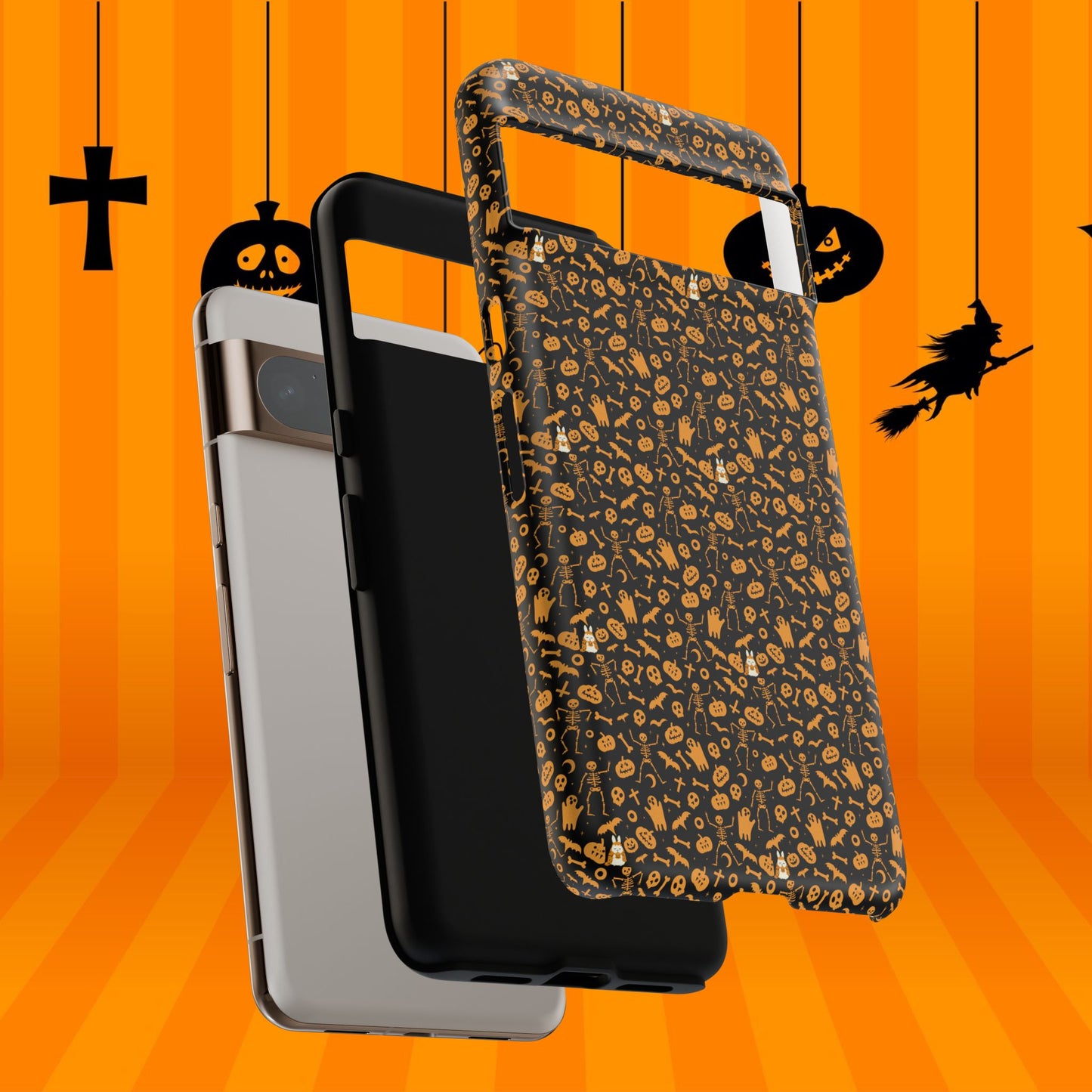 Spooky Icons Halloween Hard Phone Case – Glossy Orange & Black Pumpkin Ghost Pattern, Protective Fall Aesthetic