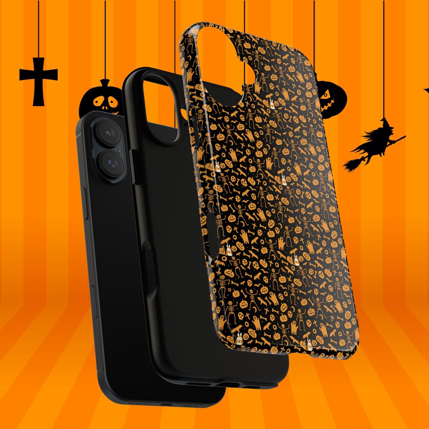 Spooky Icons Halloween Hard Phone Case – Glossy Orange & Black Pumpkin Ghost Pattern, Protective Fall Aesthetic